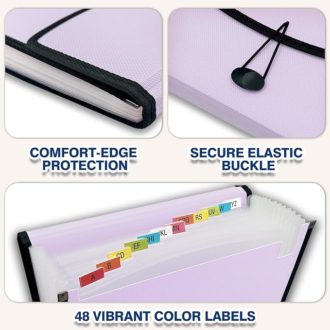 H4D 13-Pocket Accordion File Organizer with Mesh Pocket, Expanding File Folder with Tabs, Expandable Document Organizer for Home Office School, Letter Size, Pale Lilac