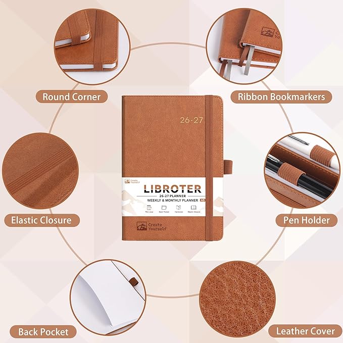 2026-2027 Planner - Academic Planner 2026-2027 Weekly Monthly Planner, July 2026 - June 2027, 5.7'' x 8.4'', Thick Paper, Leather Cover, Pen Holder, Back Pocket, Perfect Daily Organizer - Brown