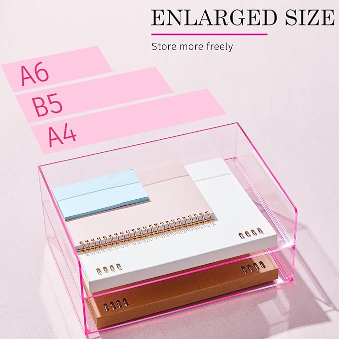 Harloon 4 Tier Paper Organizer Letter Tray Pink Acrylic Desk File Organizer Heavy Duty Stackable Documents Clear Letter Paper Holder Office Tray for A4, Office Classroom Home File Pad Notebooks