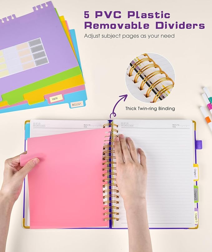 Hardcover Spiral Notebook 8.5"x11" Journal with Removable Dividers Tabs, 300 Pages Leather 5 Subject Notebook College Ruled, Large Notebooks for Work School, Lined Journal for Women, A4 Dark Purple