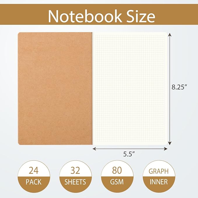 zmybcpack 24 Pack Graph Paper Notebook Journal Notebook Square Grid Paper Notebook for Travelers, Students, Office - Subject Notebooks - A5 Size, 8.26”x5.5”, 64 Square Grid Pages/32 Sheets