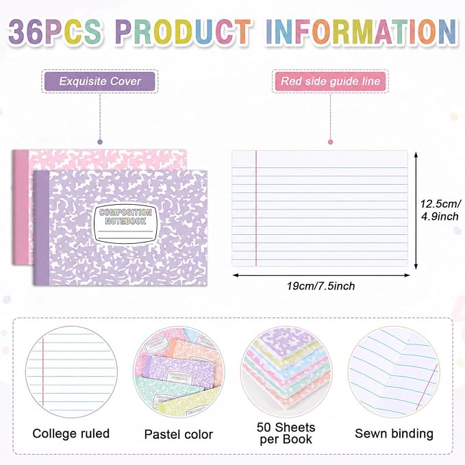 36 Pack Half Size Composition Notebooks Wide Ruled Marble Journal, Pastel
