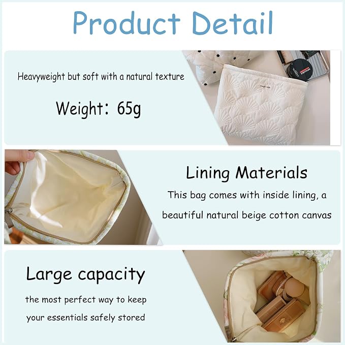 uekeboag White Shells Quilted Cotton Makeup Bag,Coquette Travel Pouch | Cotton Aesthetic Cosmetic Bag for Women,Shell Embroidery,Wedding Gifts, Bridal Gifts