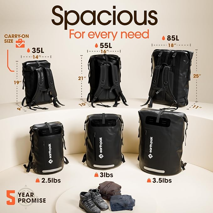 Waterproof Dry Bag Backpack 85L - Kayaking Boating Fishing Rafting Marine | Black 85L dry bag: 500D PVC, abrasion resistant build, IPX8 phone case for river and lake trips