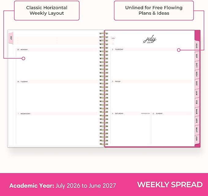 Blue Sky Color Me Courtney 2026-2027 Weekly and Monthly Academic Year Planner Calendar, July 2026 - June 2027, 8.5" x 11", Flexible Cover, Wirebound, Laminated Tabs, Storage Pocket, Includes Stickers, Bloom Pink