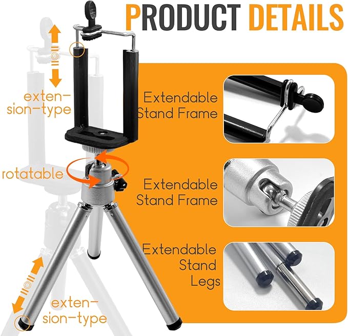 Mini Portble Extendable Phone Tripod Stand with Clip, 360° Ball Head Desktop Tripod Compatible with All Cellphone Mini Camera for Vlogging, Travel, Video Recording (Silver)