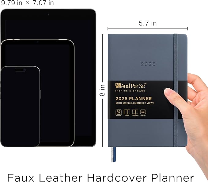 And Per Se 2025 Planner-Daily, Weekly & Monthly Hardcover Planner, 5.7" x 8", Daily Schedule, Monthly Tabs, 100 GSM Thick Paper, Leather Cover, Back Pocket，A5 Size(Blue)