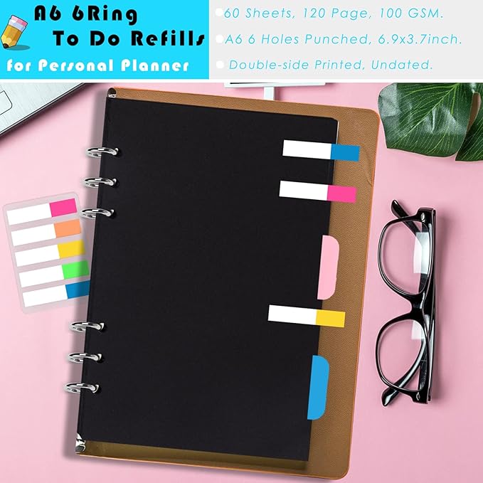 Rancco A6 Planner Inserts 6 Rings Planner Refills Set, 60 Sheet Black Blank To Do List Loose Leaf Paper w/Zipper Pouch, Binder Dividers, Ruler, Index Tab for Journal, Double-sided, Undated, 6.8x3.7in
