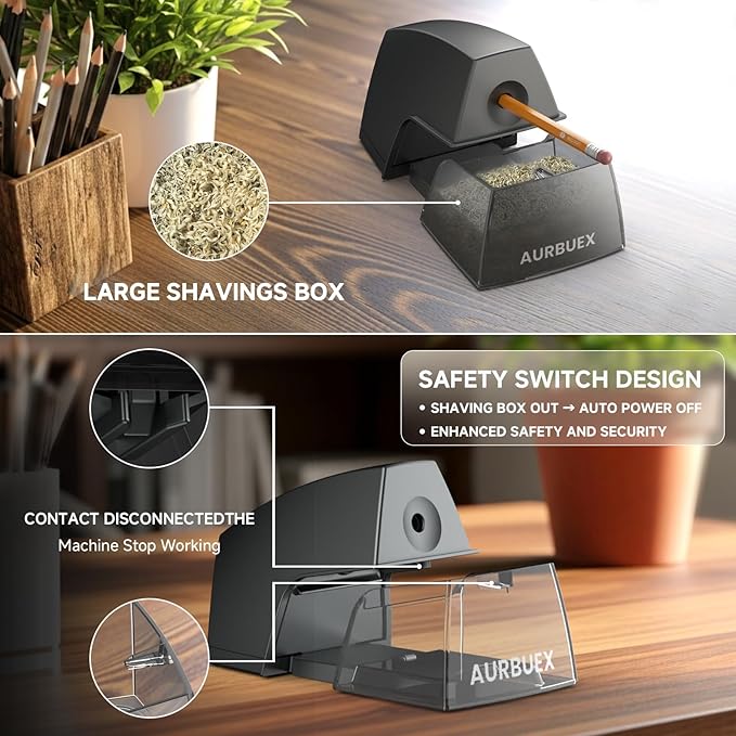 Electric Pencil Sharpener for 6 to 8 mm Pencils Helical Blade Fast 4 Second Sharpening Large Shavings Bin Non Slip Feet Safe Design for Classroom Office and Home(S1131)