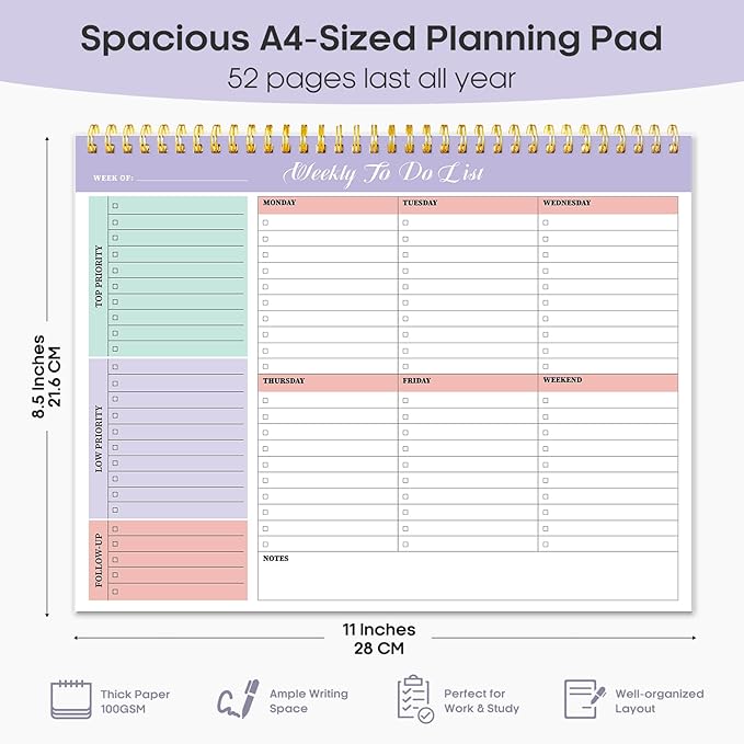 Taja 6 Pack of Weekly To Do List Notepad with 52 Undated Sheets（8.5"×11"）- Weekly Desk Planner for Women & Man, Work and Home - 6 Pack Multi