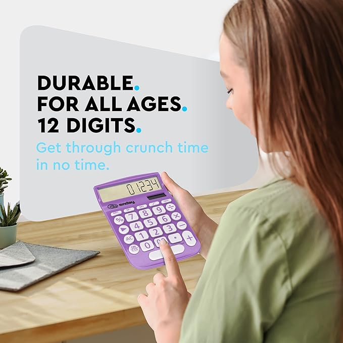 Enday Purple 12-Digit Solar Calculator - Large Display, Four Function, Perfect for Office & School