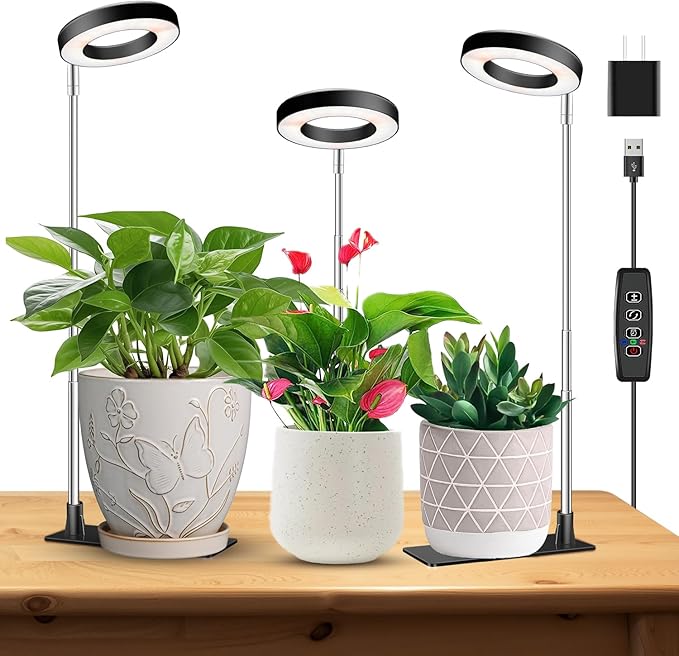Kullsinss 3.5in Halo Plant Lights for Indoor Growing, 48 LEDs Full Spectrum | Black Grow Light with Base, 6/12/16H Timer & Dimmable, 26in Height Adjustable, 5V Plant Lamp for Small Potted Plants, 3-Pack
