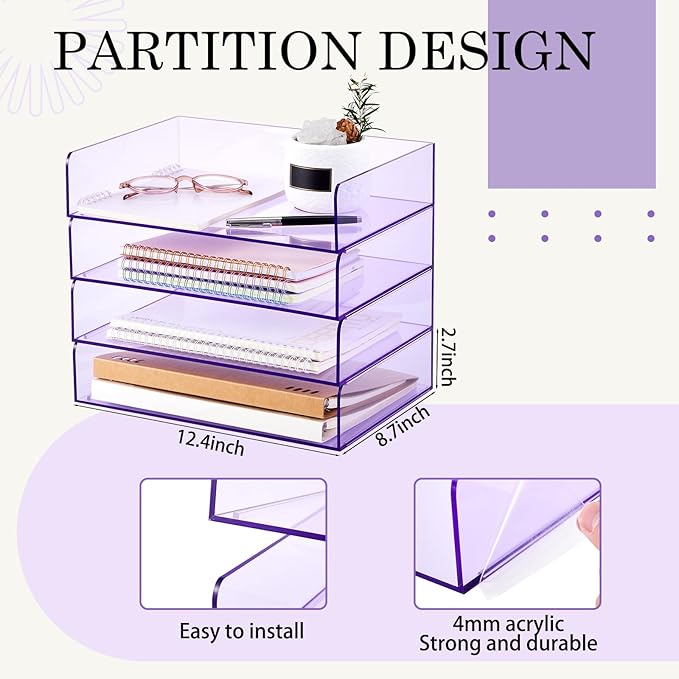 Harloon 4 Tier Clear Purple Acrylic Paper Organizer Letter Tray, Aesthetic Stackable Desk File Organizer Paper Holder Office Tray for A4, Modern Classroom Home Office File Pad Books Notes
