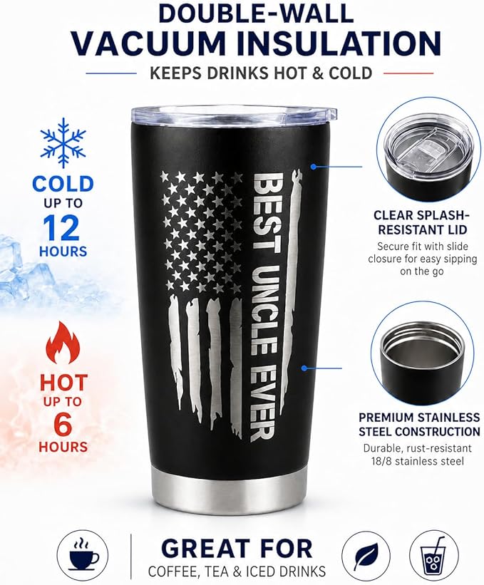 CYYFXKY Best Uncle Ever 20oz Stainless Steel Tumbler, USA Flag Funny Nutrition Facts Insulated Travel Mug, Father's Day Birthday Gift for Uncle Men