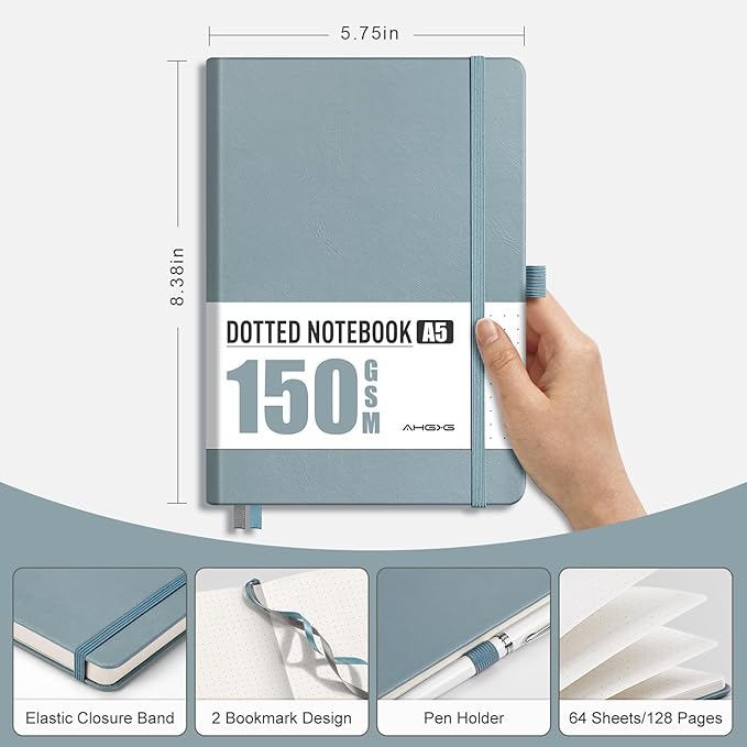AHGXG Dotted Journal - 150 GSM Dot Grid Notebook Journal, Thick Acid-Free Paper, A5 Dotted Notebook 128 Pages, Leather Hardcover, Inner Pocket, Journal Stencil, 5.7'' × 8.3'', Gray Blue