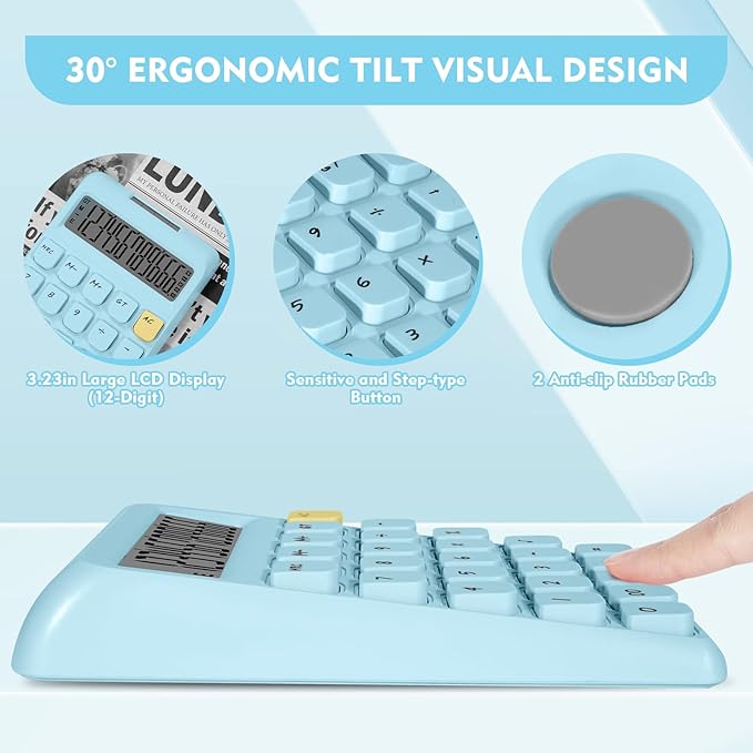 Cute Calculator, Calculators Desktop, Blue Calculator Big Buttons, Solar and Battery Dual Power, 12-Digits Large LCD Display, Desk Calculators for Office Home School Basic Business (Blue)