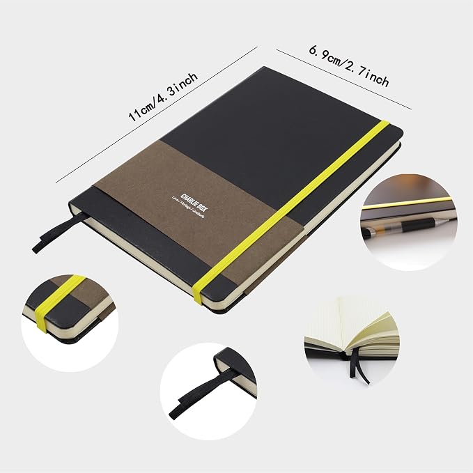 A7 Leather Journal Notebook - 2Pack Dotted/Grid/Blank Pages, 100GSM Thick Paper, Water-Resistant Cover, Elastic Closure & Inner Pocket (Black)