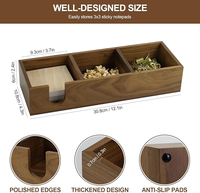 MultiBey 3 in1 Walnut Wooden Sticky Note Holder, 12" x 4.3" x 2.4" Self-Stick Note Pads Holder Memo Pad Dispenser, Wood Post it Note Dispenser Desk Organizer for Office Home School