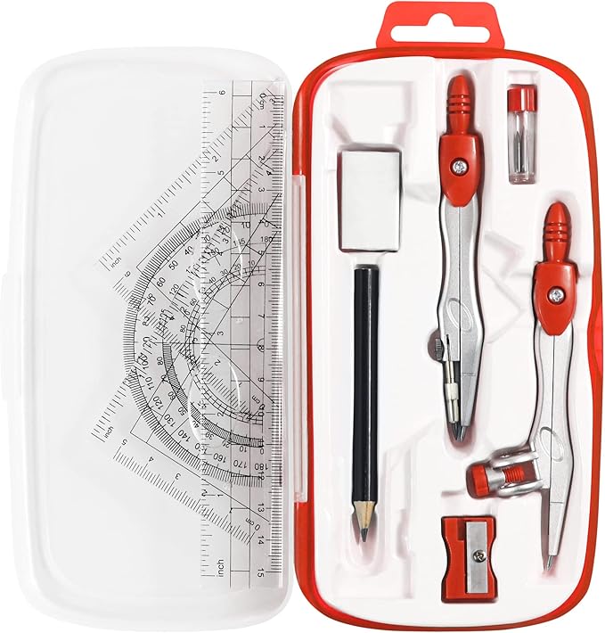 Unjoo Math Geometry Kit Sets 10 Piece Student Supplies with Shatterproof Storage Box,Includes Rulers,Protractor,Compass,Eraser,Pencil Sharpener,Lead Refills,Pencil,for Drafting and Drawings（Red）