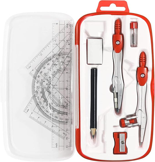 Unjoo Math Geometry Kit Sets 10 Piece Student Supplies with Shatterproof Storage Box,Includes Rulers,Protractor,Compass,Eraser,Pencil Sharpener,Lead Refills,Pencil,for Drafting and Drawings（Red）