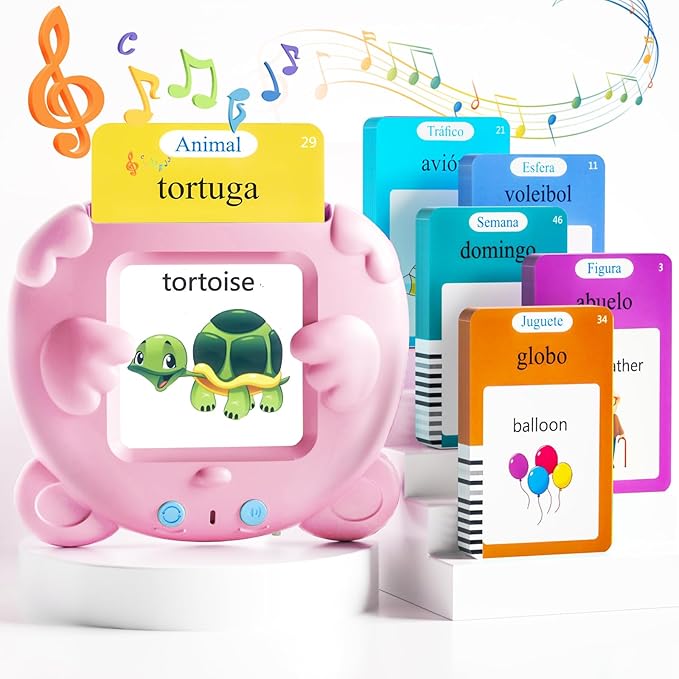 Spanish & English Talking Flash Cards for Toddlers, 510 Sight Words Bilingual Pink Educational Toys for Girls, Autism Sensory Speech Therapy Toys, Española Pocket Vocabulary Learning for Kids