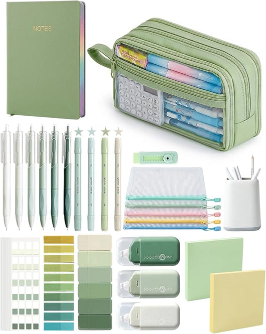 41Pcs Aesthetic Pink Office Supplies Set, All-in-One 5 Compartments Desk Organizer Kit with Large Capacity Pen Pouch, A5 Notebook for Women & Journaling (green)