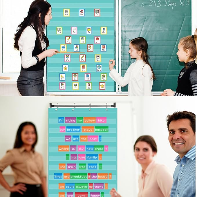 Standard Pocket Chart 28 x 43 Inches Transparent 10 Pocket Charts for Word Walls Letter Cards Sentence Strips School Classroom Supplies Home Back to School Teacher Gifts (Aqua Green)