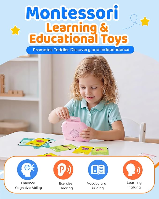 Aullsaty Talking Flash Cards for Toddlers 1-3, Upgraded 248 Sight Words Montessori Speech Therapy Toy, Autism Sensory Educational Learning Toys, Birthday Gifts for Boys Girls (Pink)