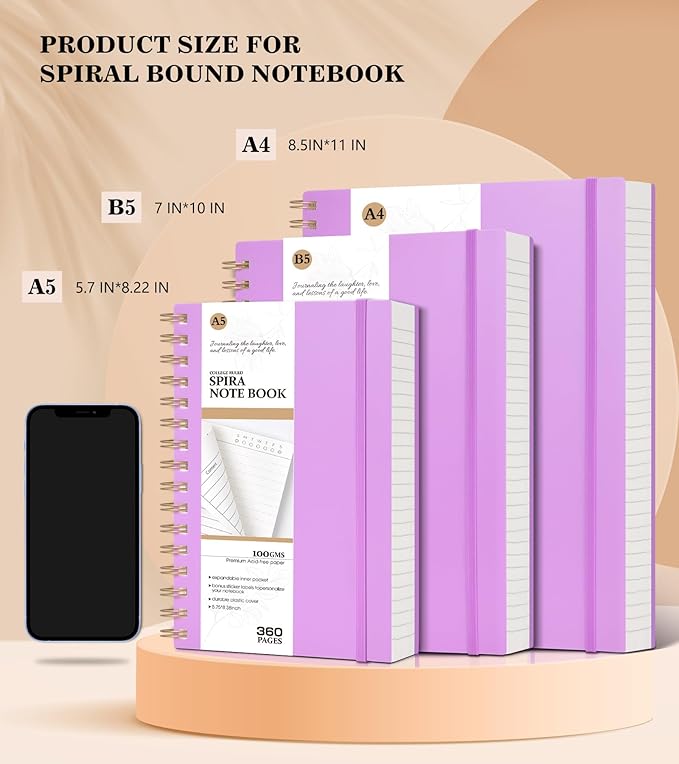 MUAHLIUB Spiral Notebook Journal College Ruled 8.5''x 11'', 360 Pages Lined Thick Journals for Women Men, A4 Large Writing Spiral Journal with 100GSM Paper, Spiral Notebooks for Work, School Purple