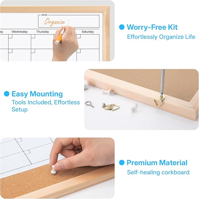 OWLKELA Monthly Dry Erase Calendar with Cork Board for Wall, 17 x 13 Magnetic Bulletin Whiteboard with Wood Frame for Office, Home, School, Kitchen