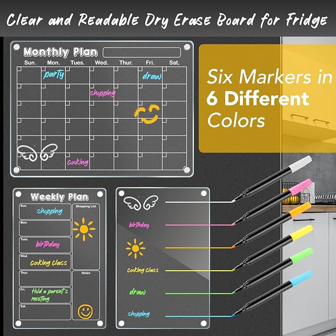 DIYMAG Planning Pads 3Pack Acrylic Magnetic Dry Erase board for Fridge,15"x11" Set Magnetics Weekly Monthly Wall Planners Board for Refrigerator with 6 Colors Markers