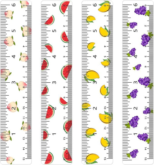 BAYTORY 4Pcs Transparent Acrylic Ruler 6 Inch, Clear Plastic Straight Rulers, Shatterproof Student Stationery Centimeters with Inches, for Classroom Essentials School Supplies (Fruit 6 Inch)