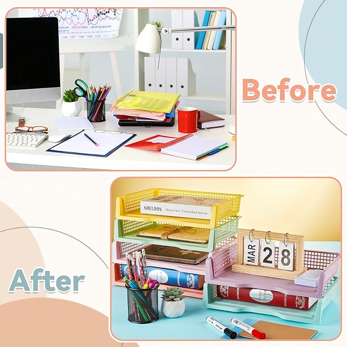 gisgfim 12 Pack Plastic Turn in Paper Trays for Classroom Pastel Storage Bin Basket Organizers for School Teacher Supplies Classroom Office Home Organization Storage Tray Holds 4A Paper File Document