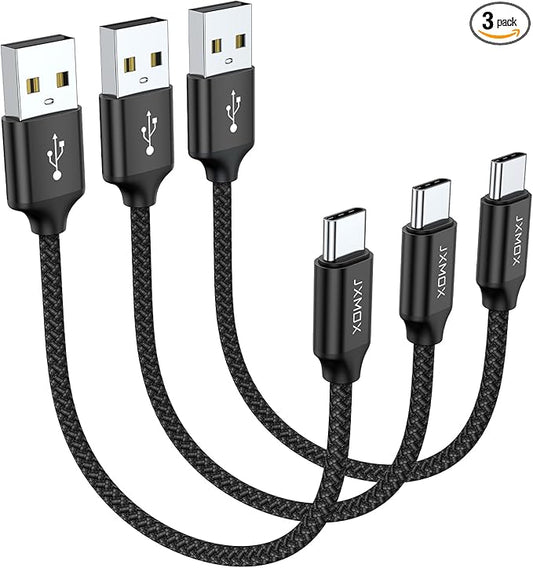 JXMOX Short USB C Cable (0.5ft 3-Pack), USB A to Type-C Charger Cord 3.1A Fast Charging Compatible with iPhone 15 16 Pro Max, Samsung Galaxy S20 S10 S9, Note 10 9, A80 A70 A50 A40, Power Bank (Black)