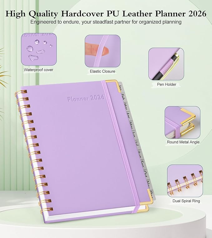 2026 Planner, Hardcover Leather Weekly and Monthly Planner, January 2026 - December 2026, Spiral Yearly Agenda Organizer Book 2026 with Tabs, Daily Calendar Planners for School Work Home, A5 (5.75" x 8.38"), Purple