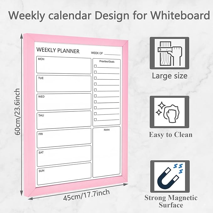 Dry Erase White Board Weekly Calendar Board, Magnetic Whiteboard for Wall,17.7“x23.6 Solid Wood Pink Framed Message Board, Planner Board for Office, Home, School（Weekly-BB-PK-4560）