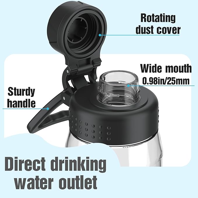 32oz Clear Water Bottle - BPA-Free Tritan Plastic, Fast Flow Spout Lid, Wide Mouth & Leakproof Design Hiking Water Bottle Suitable for Travel, Outdoors, Gym, Travel, Home, School(Clear-Black)