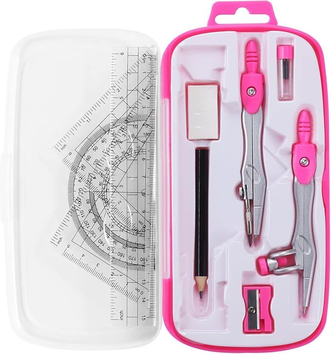 Unjoo Math Geometry Kit Sets 10 Piece Student Supplies with Shatterproof Storage Box,Includes Rulers,Protractor,Compass,Eraser,Pencil Sharpener,Lead Refills,Pencil,for Drafting and Drawings（Pink）