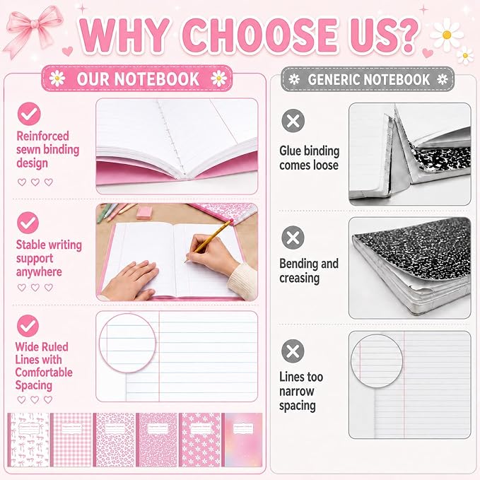 6 Pack Large Composition Notebooks Bulk 9.8 × 7.5 in Wide Ruled Hard Cover Composition Book Assorted Marble Journal College Ruled Paper for Adult Student College Office Back to School Supplies(Pink)