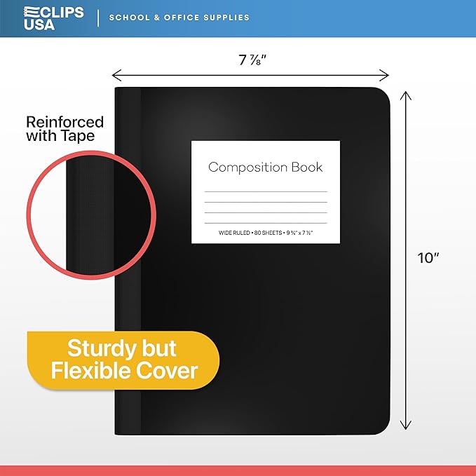 E-CLIPS USA Composition Notebook Wide Ruled Composition Notebooks Bulk Wide Ruled Notebook Paper Note Books For Schools Composition Books 80 Sheets 160 Pages 9.75” x 7.5” (48 Pack)