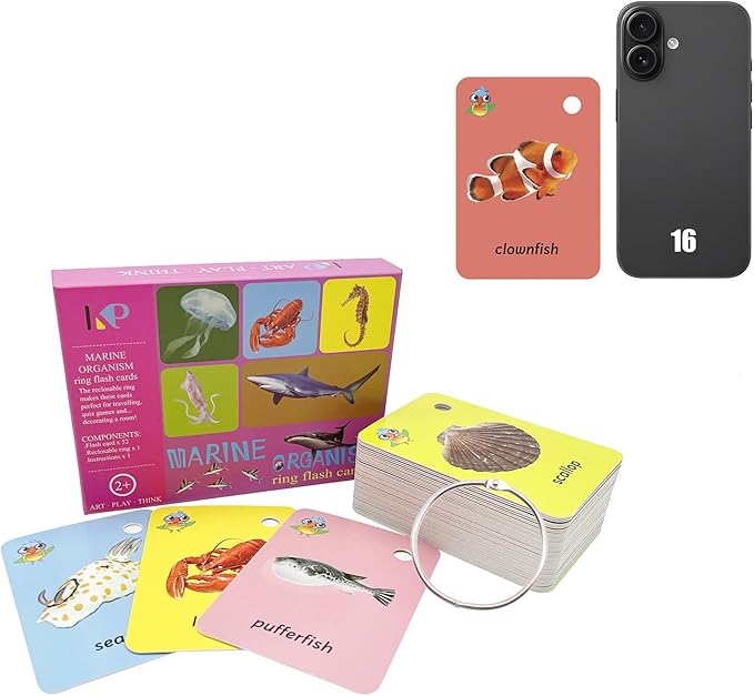 52 Pcs Preschool Ocean Animal Flash Card,Sight Words with Picture Toddler Marine Animals Flash Cards for Kids Learning Activities with Ring(Marine Animals)