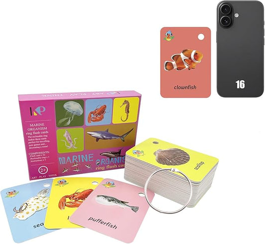 52 Pcs Preschool Ocean Animal Flash Card,Sight Words with Picture Toddler Marine Animals Flash Cards for Kids Learning Activities with Ring(Marine Animals)