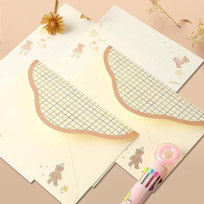 37 Pcs Stationery Paper Envelopes Set Includes 24 Lined Writing Paper & 12 Envelopes with 48 Round Stickers, Cute Bear Flower Cat Letter Writing and Stationery Paper Envelopes(4Style)