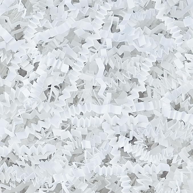 Raissily 10.5oz/300g Crinkle Cut Paper Shred Filler, Packing Grass Cushion for Mother‘s Day Wedding Birthday Anniversaries Engagement Gift Confetti Box Bag Basket Filling Decoration - White