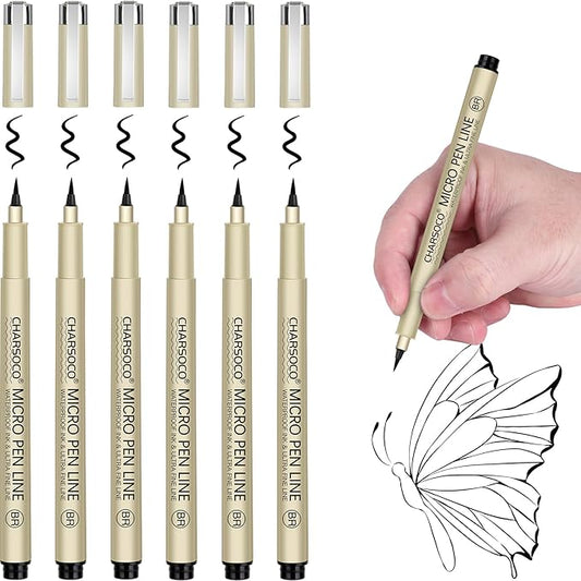 BR Micro Pen, 6 Pack Black Fine Point Pen with Waterproof Archival Ink, 1-5mm Fineliner Ink Pens for Artist Illustration, Sketching, Anime, Manga, Technical Drawing and Scrapbooking-BR