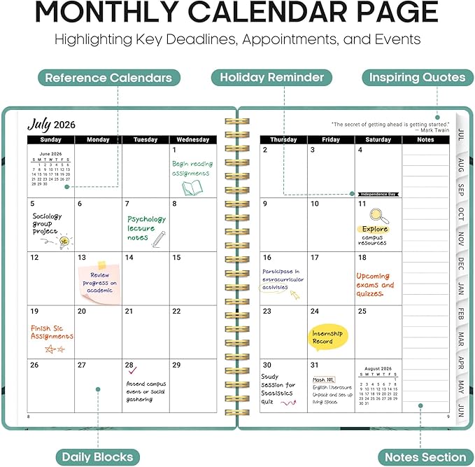 Planner 2026-2027, Academic Year Monthly and Weekly Calendar Planner, Jul 2026 - Jun 2027, Hardcover Teacher Student Planning Agenda book with Tabs, Perfect for School Office Supplies, 6.3" x 8.5" - Depths Whale