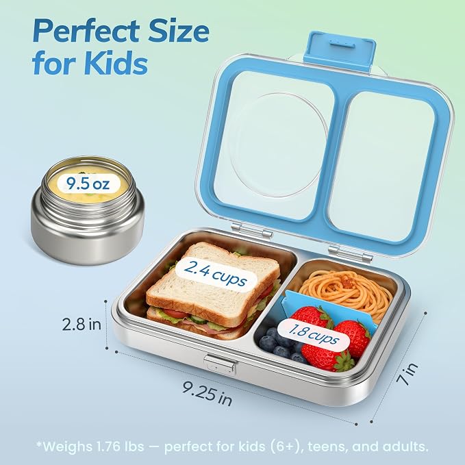 HOMEKOL Stainless Steel Bento Lunch Box + 9.5oz Insulated Food Jar, Blue | 2-Compartment Leak-Proof Container for Kids & Adults, BPA/BPS-Free, 18/8 Metal, Dishwasher Safe, Clear Tritan Lid