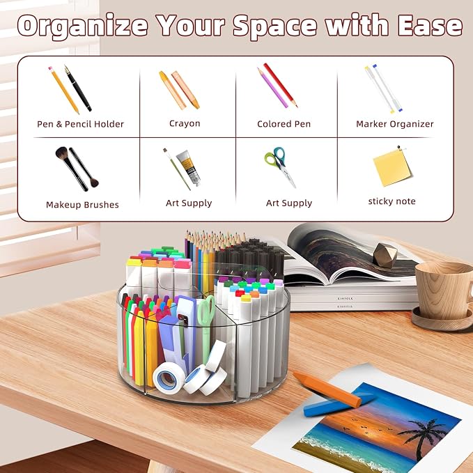 Absonic 500 PCS Acrylic Pencil Holder, 360 Rotating Clear Marker Organizer, Pen Crayon Marker Caddy Organizer for Desk, Desktop Storage and Organizer for Office School Art Supplies, 2 Pack