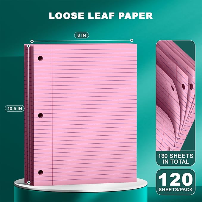 Pink Note Pads 8 X 10.5 Loose Leaf Paper, 120Sheets, 3 Hole Punched Lined Paper, College Ruled 8 X 10.5 Notebooks, 10-1/2" X 8 Binder Writing Pads, Filler Paper for Office, School Supplies