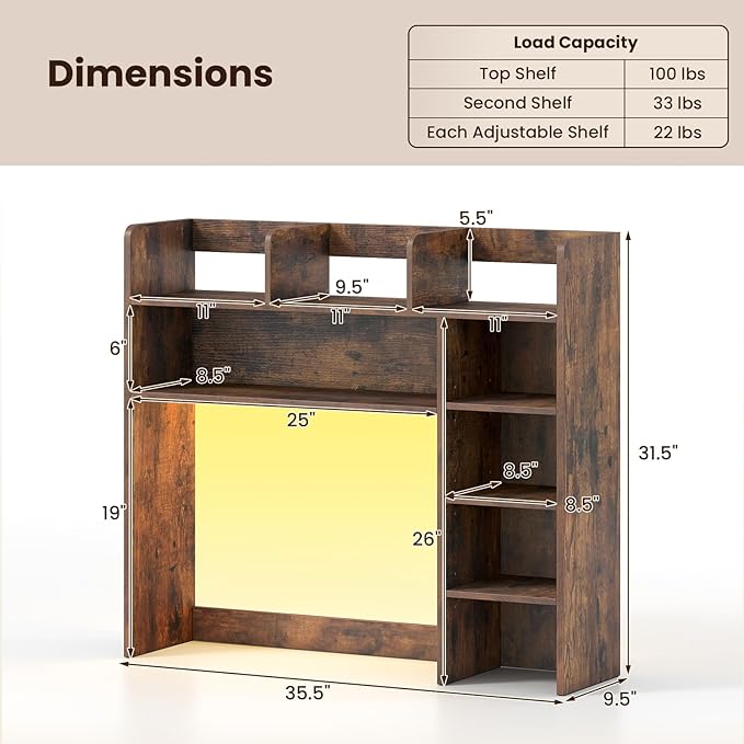 Giantex Desktop Bookshelf with LED Lights, 35.5" Desk Hutch Dorm for Up to 25 Inch Computer Monitors with Adjustable Storage Shelves, Wood Desk Organizer Shelves for Home Office (Rustic Brown)